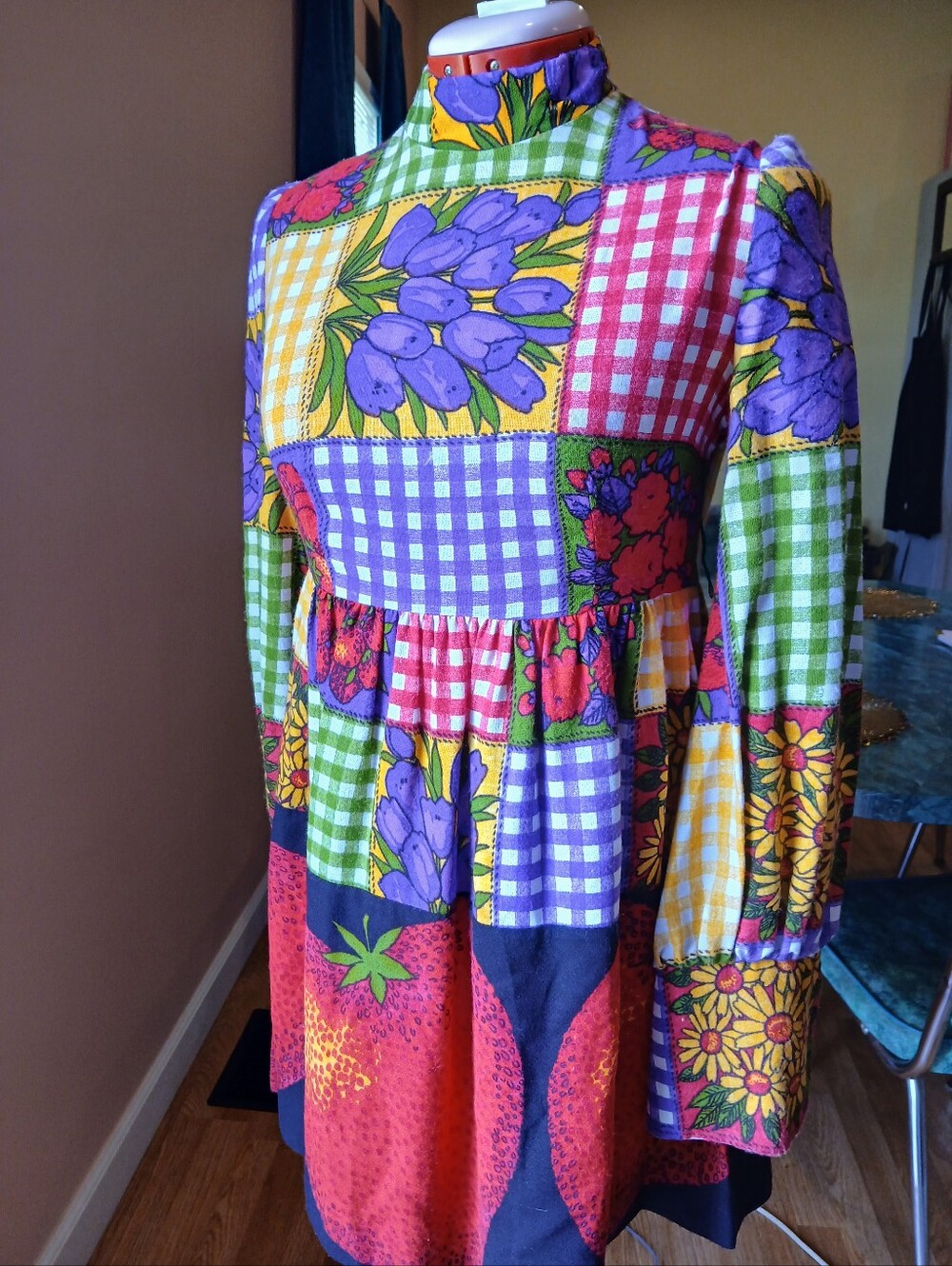 Young Edwardians Mock Turtleneck Emire Waist Dress 1970s Groovy Patchwork
